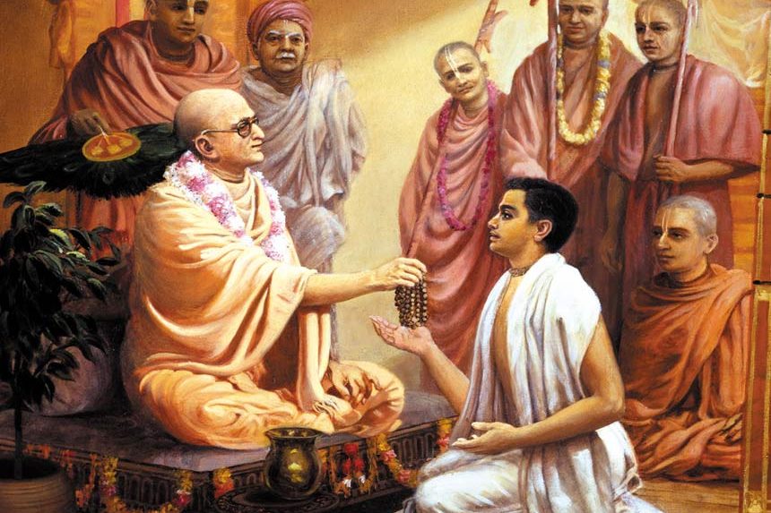 Initiation: receiving japa beads from Srila Bhaktisiddhanta Sarasvati Thakura