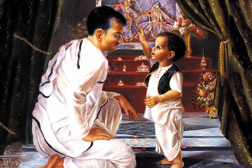 Young Abhay Charan with his father Gour Mohan De